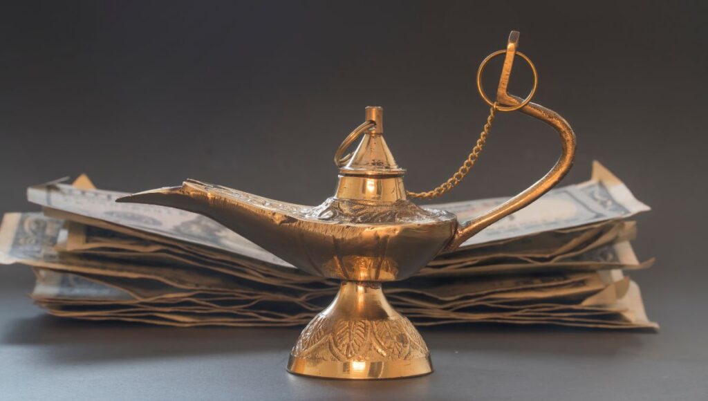 magic lamp with a money manifestation